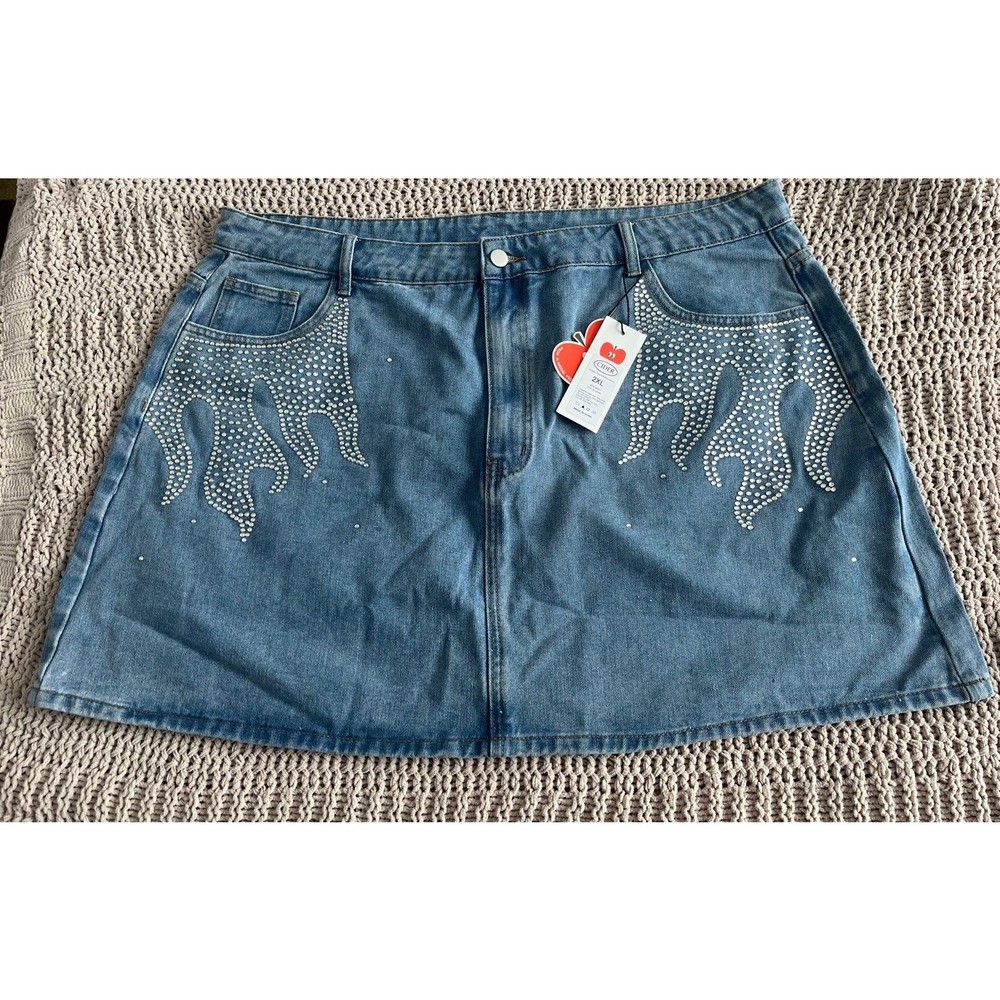Cider Bling Fire Denim Mini Skirt 2XL y2k mcbling